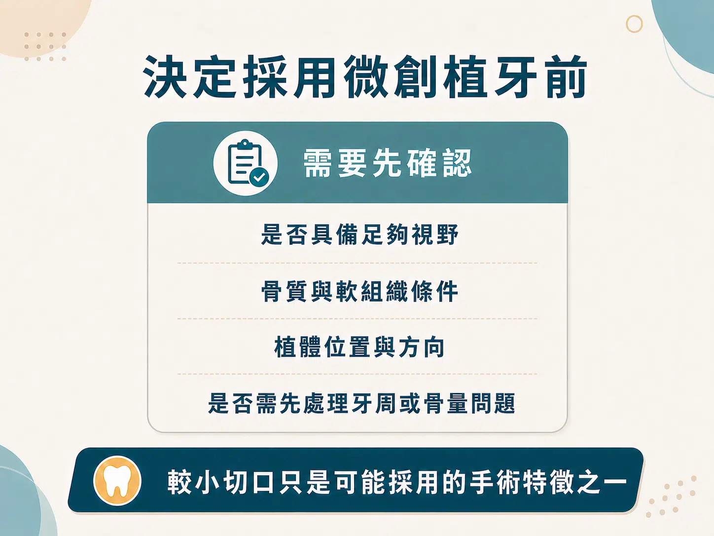 微創植牙是什麼?適用條件、術前評估一次看懂 微創植牙判斷重點圖,說明應確認視野、組織條件、植體位置與方向以及是否優先處理牙周與骨量問題。
